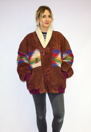 VINTAGE SUEDE NAVAJO PATTERN BOMBER JACKET