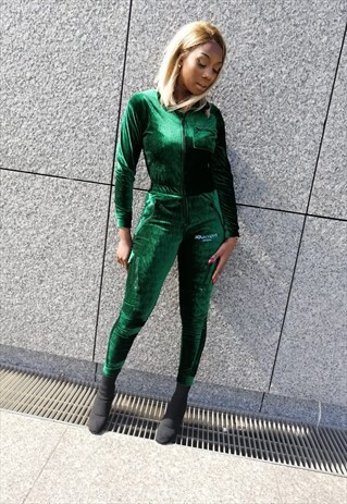 EMRALD GREEN VELVET ZIP FRONT HIGH NECK JUMPSUIT