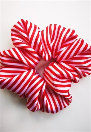 HANDMADE VINTAGE STYLE BIG WHITE & RED STRIPED HAIR SCRUNCHY