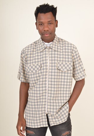 VINTAGE 90'S CHECK FULL ZIP OVERSIZE SHIRT BEIGE