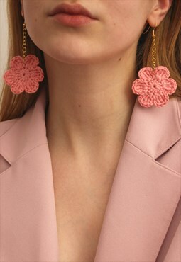 Peachy Pink Crochet Drop Flower Earrings