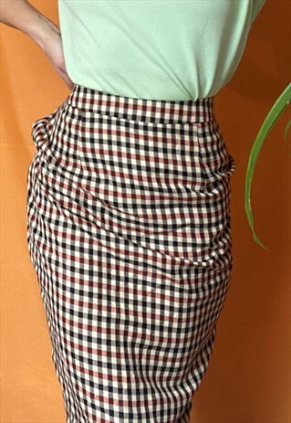 VINTAGE 90S BROWN CHECK COTTAGE TWEED STYLE MIDI SKIRT