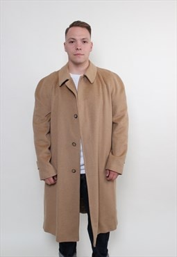 80s classic wool overcoat, vintage men beige color long coat