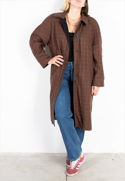 Women's Wool Brown Checked Reversible Navy Trench