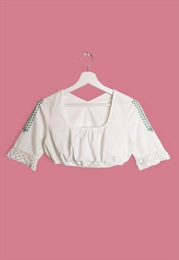 80's 90's White Cottage Core Dirndl Blouse Crop Top Cotton