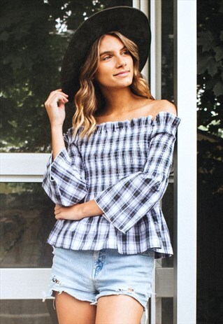 OFF-THE-SHOULDER CHECKED TOP WITH BELL SLEEVES