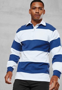 54 Floral Striped Long Sleeve Rugby Shirt - Navy Blue/White