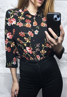 Soft Goth Black Floral Blouse / Shirt - Small