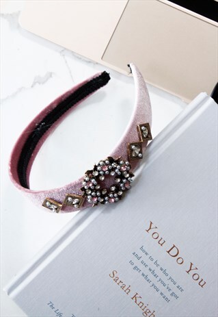 PINK VELVET DIAMANTE RHINESTONE EMBELLISHED HEADBAND