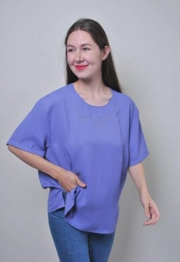 Vintage purple minimalist blouse, 80s flowers shirt for work