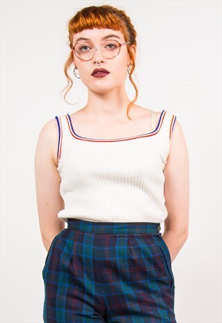 VINTAGE 70'S WHITE RIBBED KNITTED CUTE VEST TOP