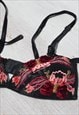 DEADSTOCK BLACK SATIN/VELVET FLORAL EMBROIDERED BUSTIER TOP,