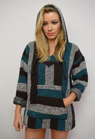 VINTAGE 90S GREEN BROWN & WHITE STRIPED WOVEN HOODED PONCHO