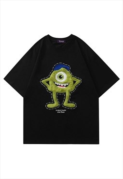 Fleece patch t-shirt Alien print tee retro UFO cartoon top