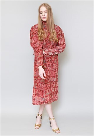 VINTAGE 1970'S RED ROCCO BAROCCO SILK PRINTED MIDI DRESS