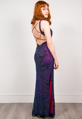 VINTAGE 90'S PURPLE BEAD PATTERN SLEEVELESS GLAM MAXI DRESS