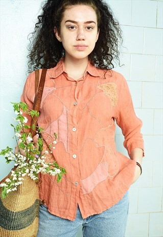 VINTAGE 90S EMBROIDER LINEN MINIMALIST FESTIVAL BLOUSE TOP