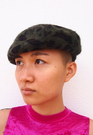 Y2K STYLE DARK GREEN KHAKI LEOPARD PRINT FLUFFY BERET