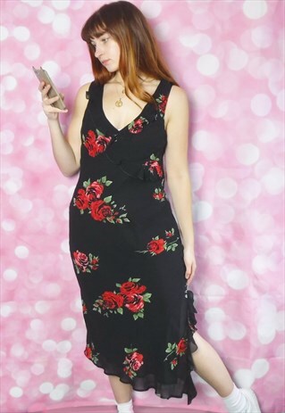 VINTAGE 90S ROSE PRINT MIDI DRESS