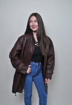 Vintage leather jacket, 90s leather coat brown color women 