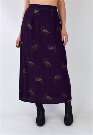 VINTAGE 80S-90S PURPLE MIDI DRESS GOLD FLORAL DETAIL S