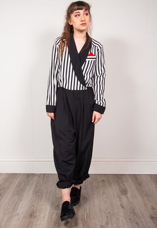 VINTAGE 90'S BLACK & WHITE STRIPED JUMPSUIT