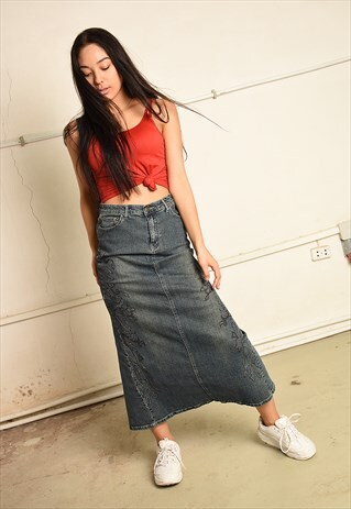 VINTAGE Y2K RETRO EMBROIDERED MAXI SKIRT IN BLUE DENIM