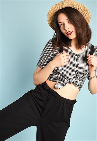 90S RETRO PARIS CHIC CHECKED MINIMALIST CROP TOP