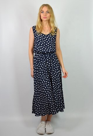 VINTAGE 90S NAVY & WHITE POLKA DOT SUMMER MIDI DRESS