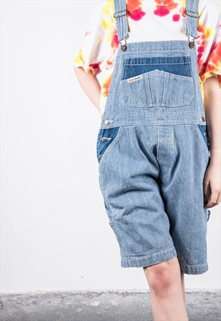 VINTAGE BLUE STRIPED SHORT DENIM DUNGAREES