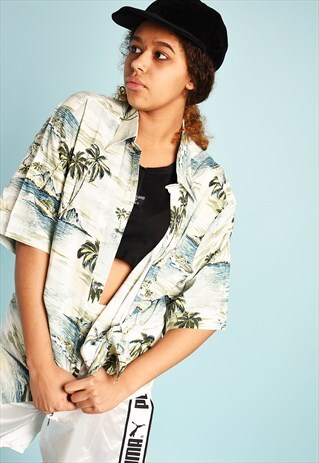 90'S RETRO HAWAIIAN PRINT OVERSIZED FESTIVAL BLOUSE TOP