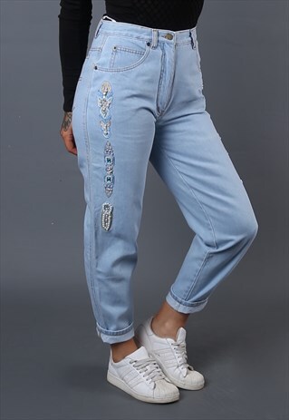 HIGH WAISTED DENIM JEANS TAPERED LEG UK 10-12 VINTAGE (B63U)