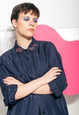 REWORKED VINTAGE SILK SHIRT W BAD TASTE EMBROIDERY