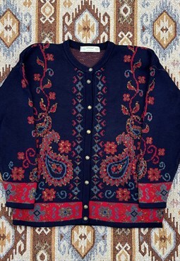 Vintage St Michael Navy Pattern Knit Cardigan 