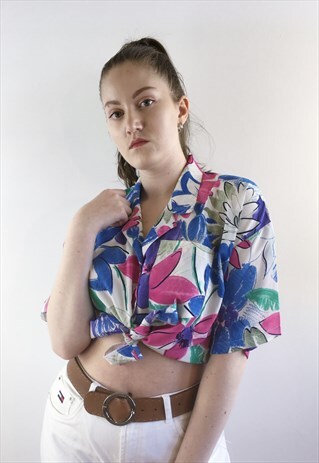 WOMENS VINTAGE 80S BLOUSE FLORAL PATTERNED OVERSIZED SHIRT