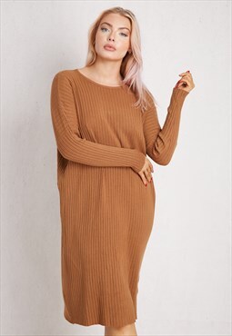 Camel Long Sleeves Midaxi Dress ONE SIZE FIT (10 to 16)