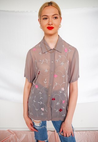 VINTAGE GREY SEMI SHEER FLORAL BUTTON UP BLOUSE