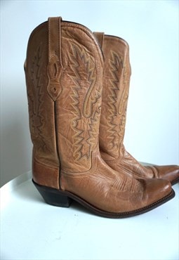 Vintage Brown Genuine Leather Cowboy Western Boots Shoes