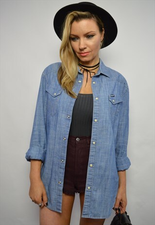 VINTAGE 90S WRANGLER MEDIUM BLUE WASH DENIM SHIRT GRUNGE