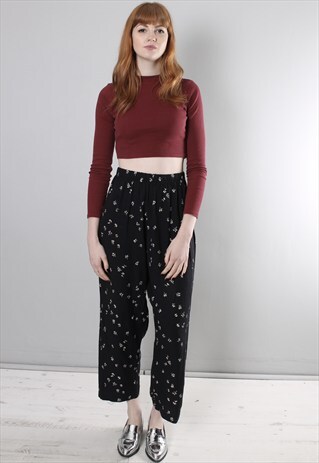 VINTAGE 80S BLACK FLORAL PATTERNED CROPPED TROUSERS