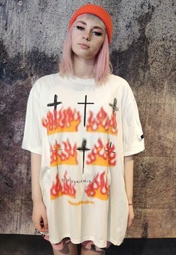 Burning cross t-shirt graffiti flame top grunge tee white