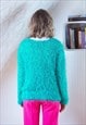 BRIGT GREEN AND BLUE FLUFFY KNITTED VINTAGE JUMPER