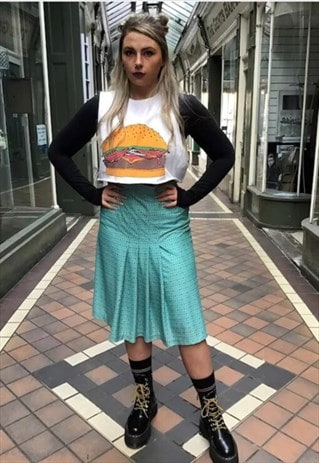 70S PLEATED TEAL AND PRINT LINED PREPPY SKIRT