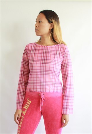 PINK 90S STYLE GINGHAM MESH LONG SLEEVE TOP