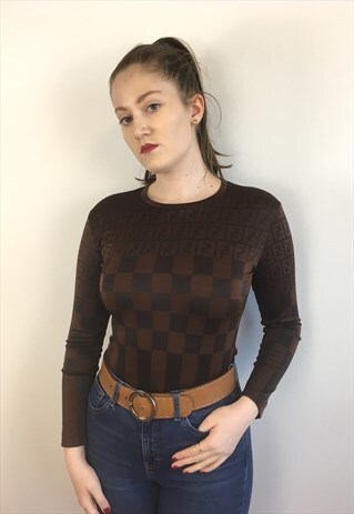 WOMENS VINTAGE FENDI LONG SLEEVED TOP IN BROWN ZUCCA PRINT