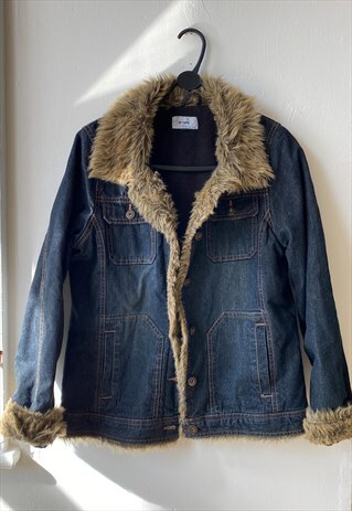 VINTAGE Y2K FAUX FUR TRIM DENIM JACKET EARLY 2000S 90S