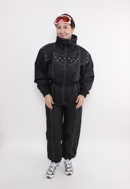 Vintage 80s one piece ski suit, retro black color snowsuit 