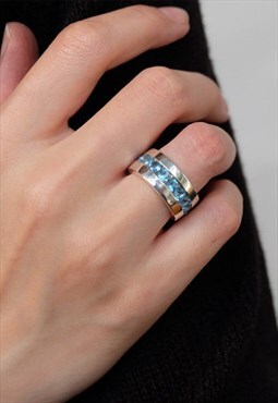 Natural Blue Topaz Statement Solid Ring 925 Sterling Silver