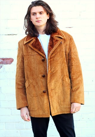 1980'S VINTAGE CORD COAT WITH FAUX FUR INNER LINING