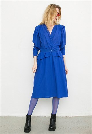 VINTAGE BLUE RUFFLE 80S MIDI DRESS